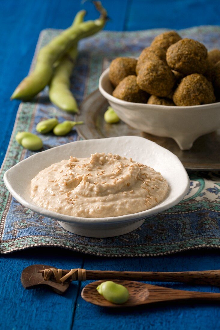 Falafel made with broad beans and chickpeas, served with houmous