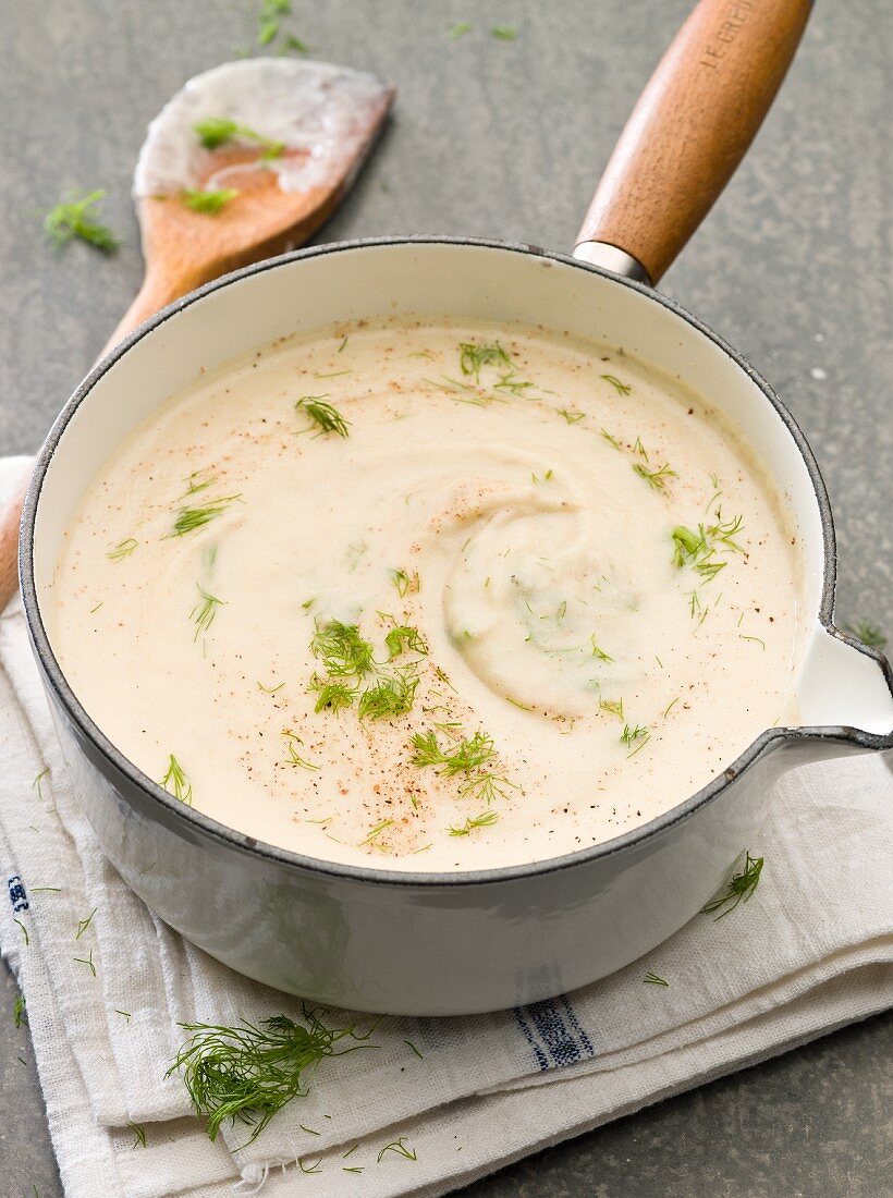 Cream of fennel soup in a saucepan