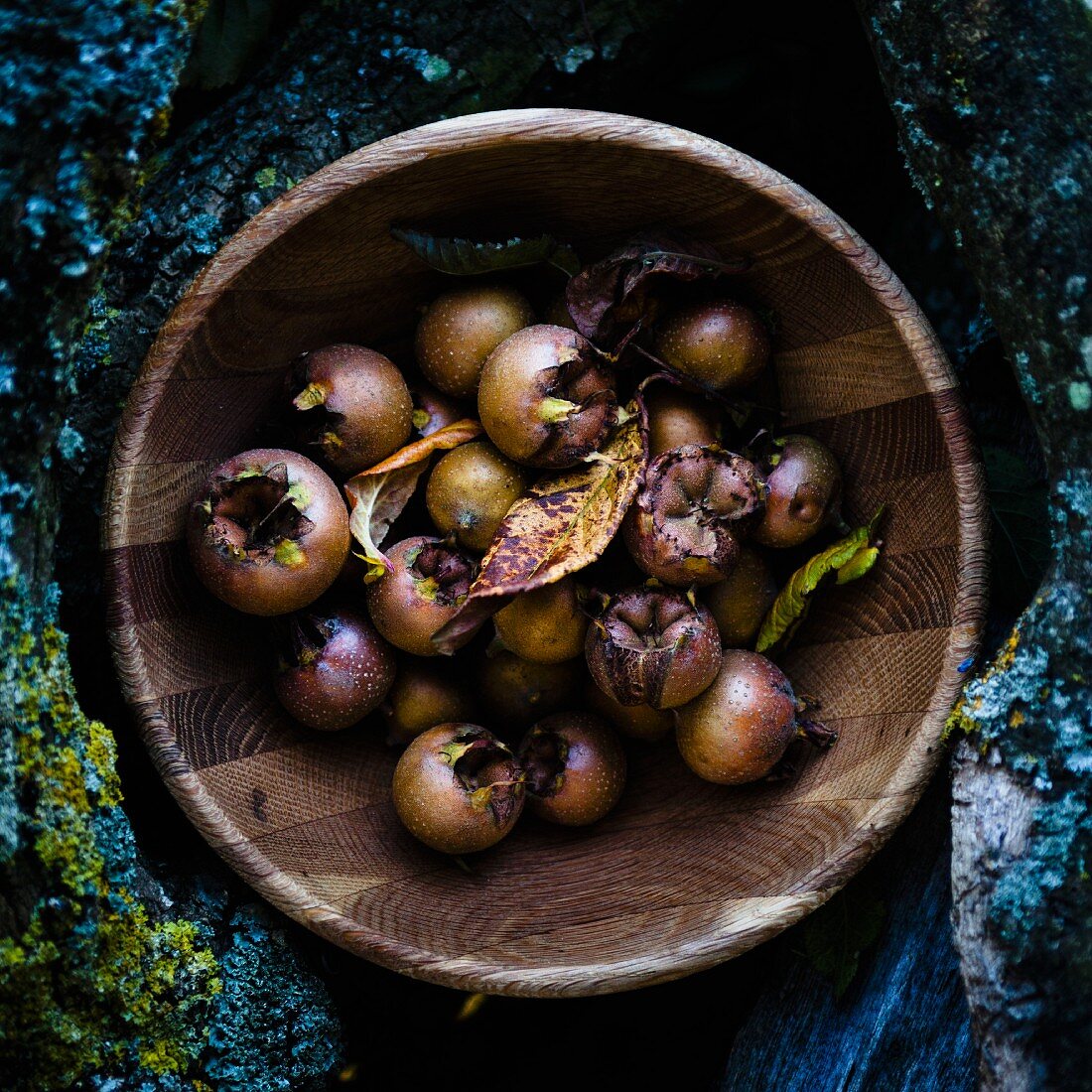 Medlars in a wooden bowl (view from above)