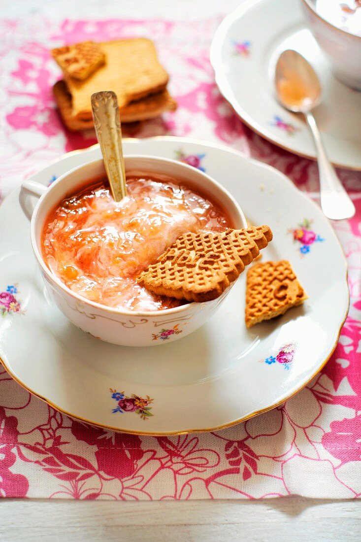 Stewed rhubarb with milk and biscuits