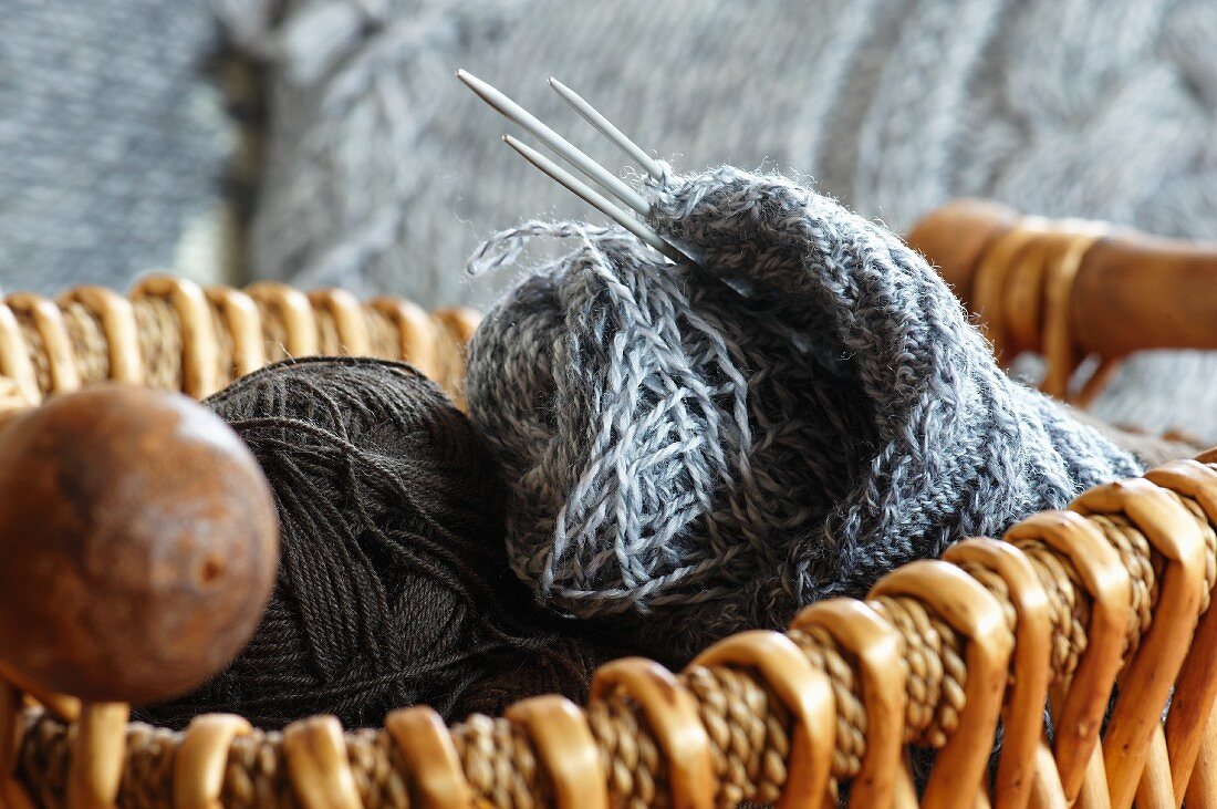 Knitting paraphernalia in a basket