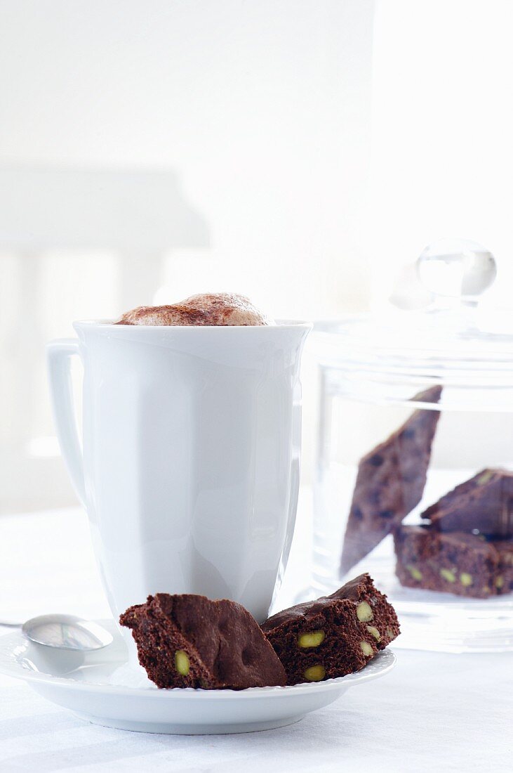 Hot chocolate with chocolate cantuccini biscuits