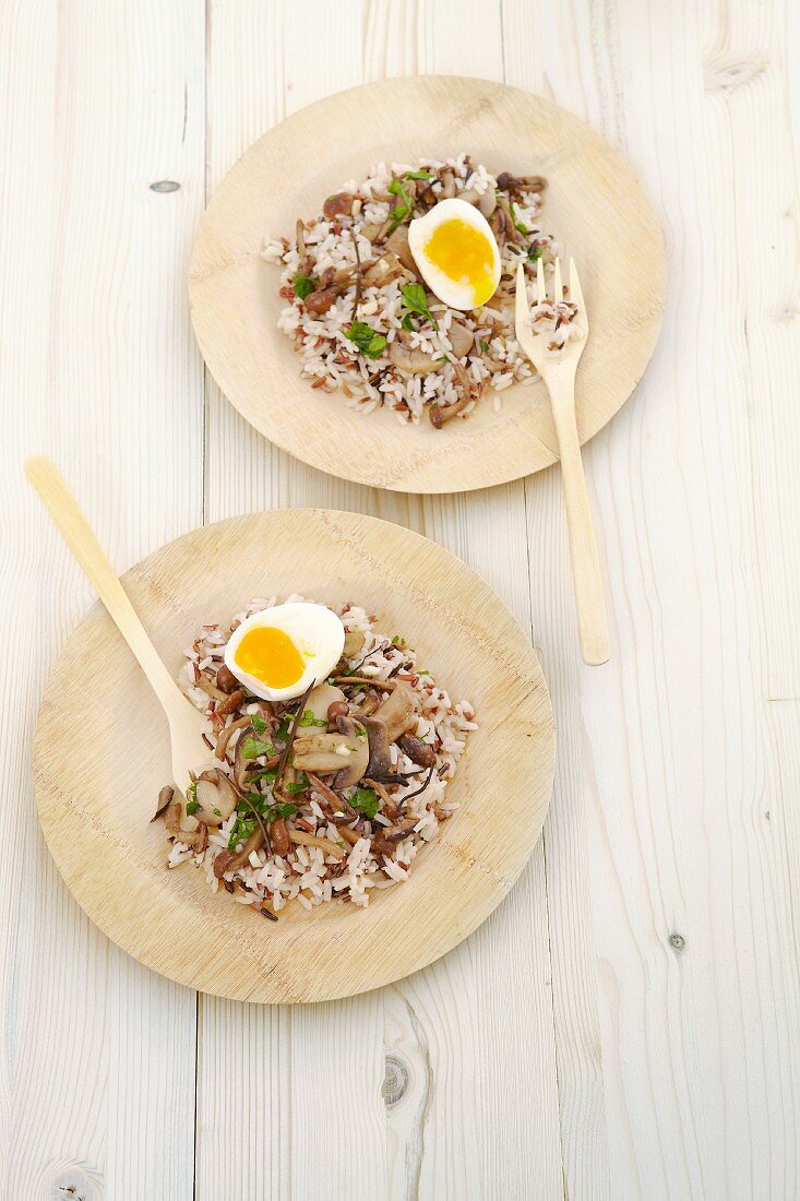Mushroom rice with soft-boiled eggs