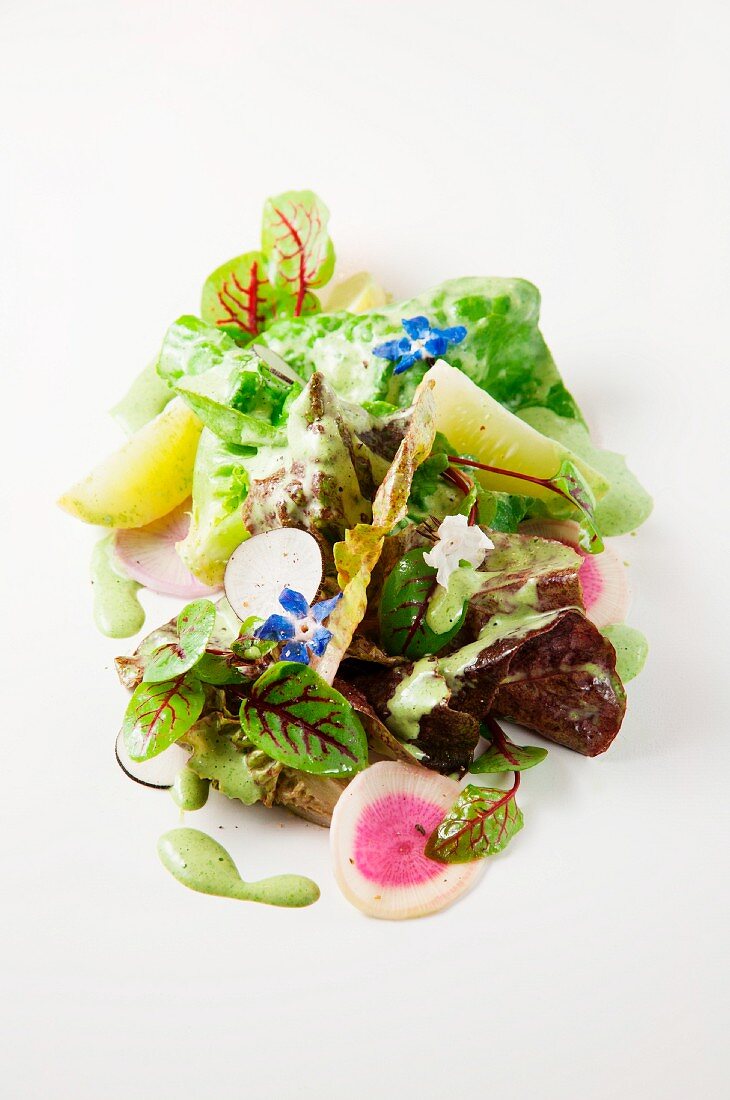 Mixed lettuce with cucumber, radish and edible flowers