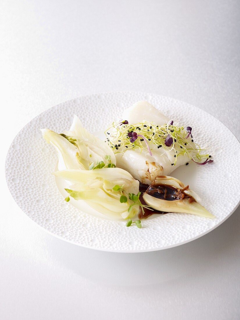 Cod with fennel, sprouts and coffee sauce