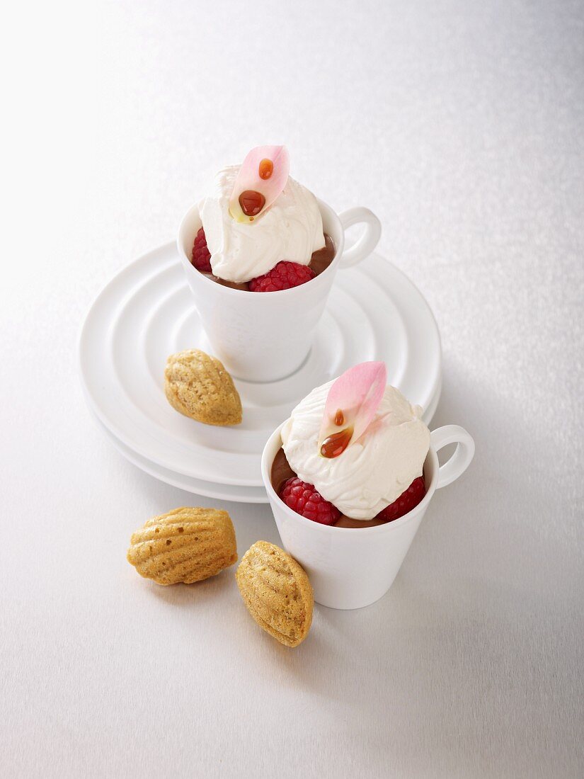 Chocolate and coffee mousse topped with raspberries and cream, with madeleines