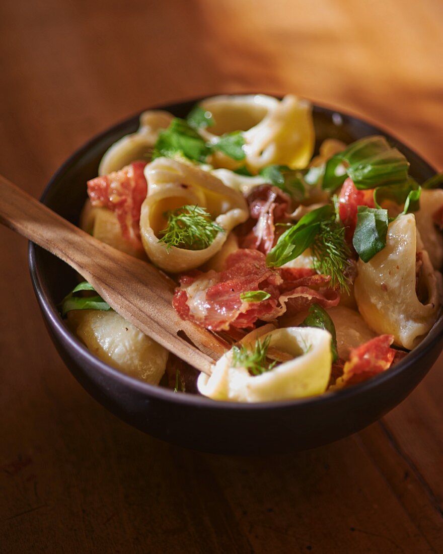 Pasta shells with coppa, an Italian cold cut