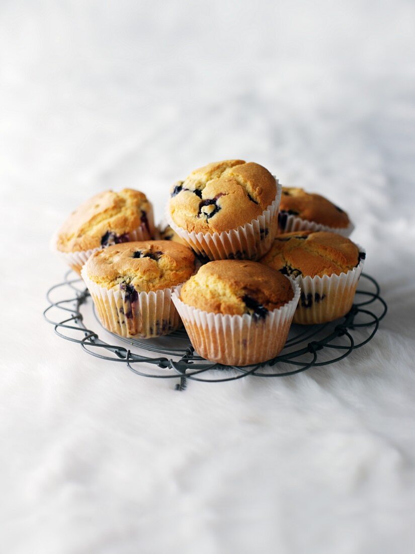 Blueberry muffins on a wire rack
