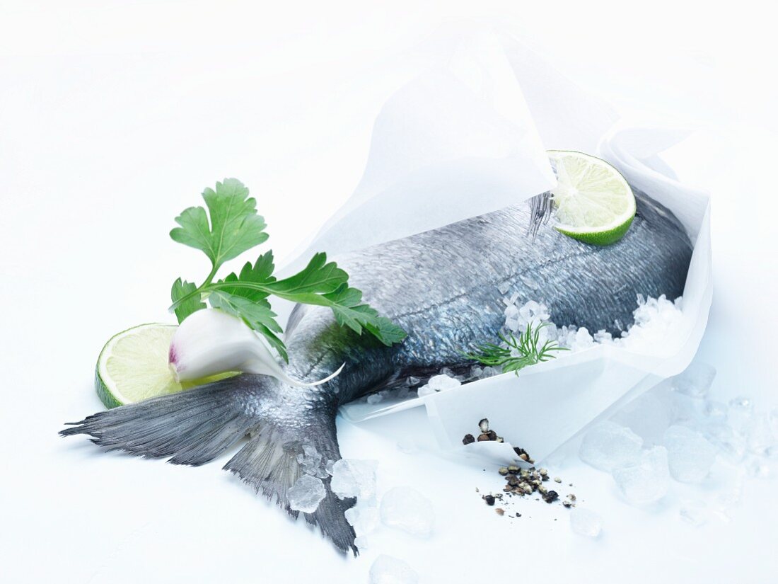 A fresh fish in paper on ice