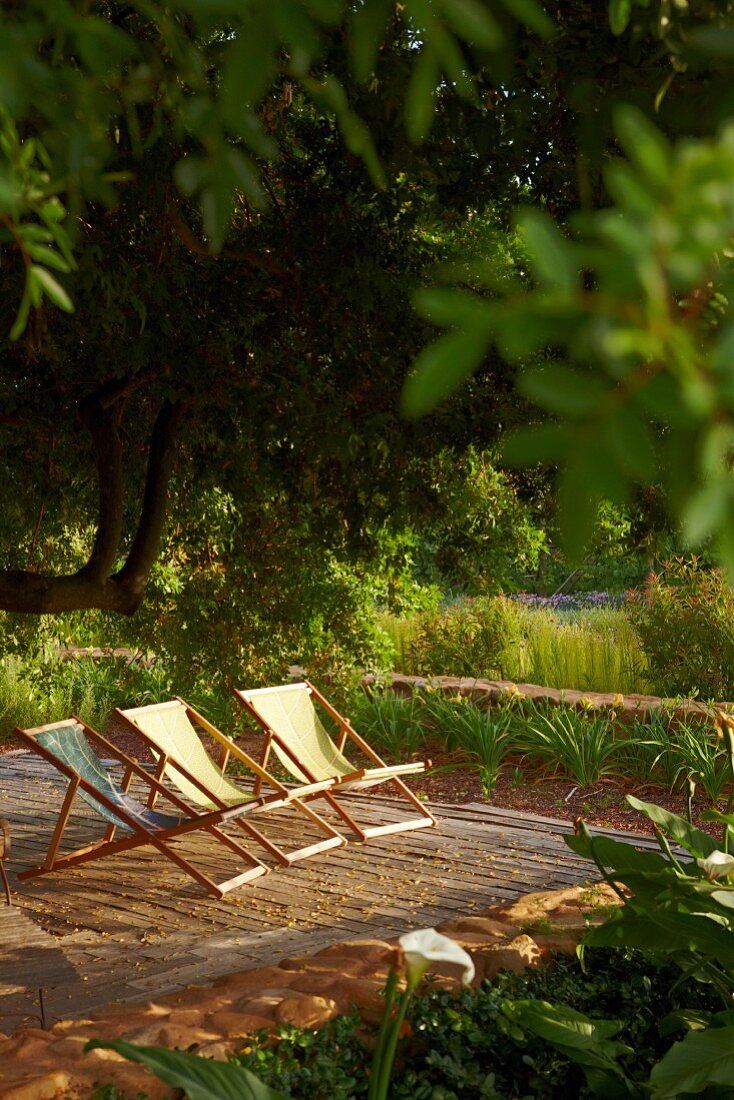 Deckchairs with fabric seats on wooden deck in garden in evening sun