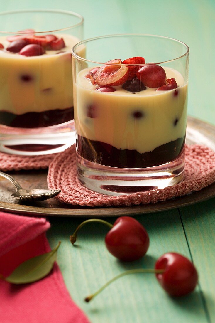 Chocolate and vanilla dessert with cherries