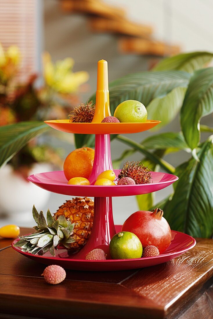 Exotic fruits on a tiered cake stand