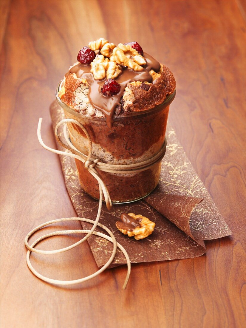 Walnut and chocolate cake in a glass