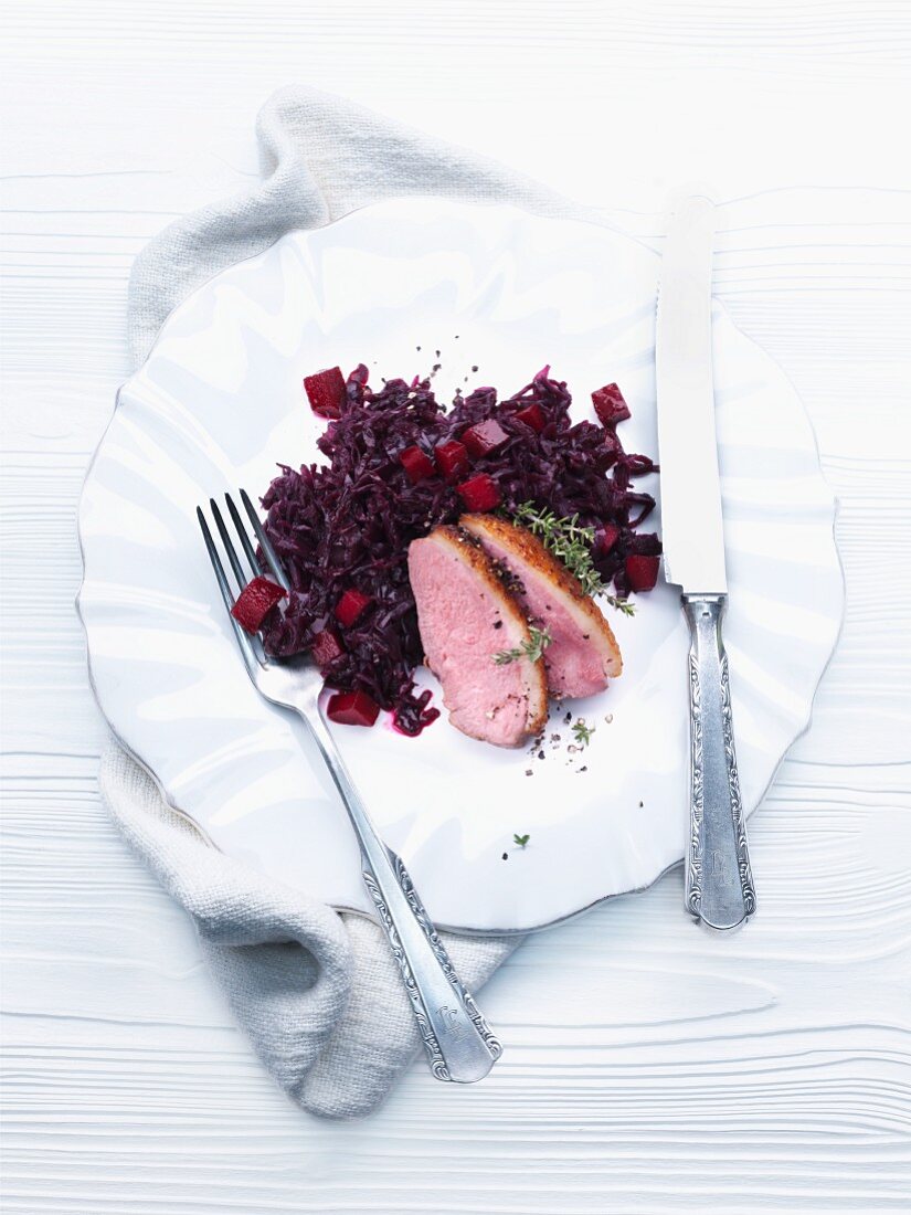 Duck breast with braised red cabbage and quince