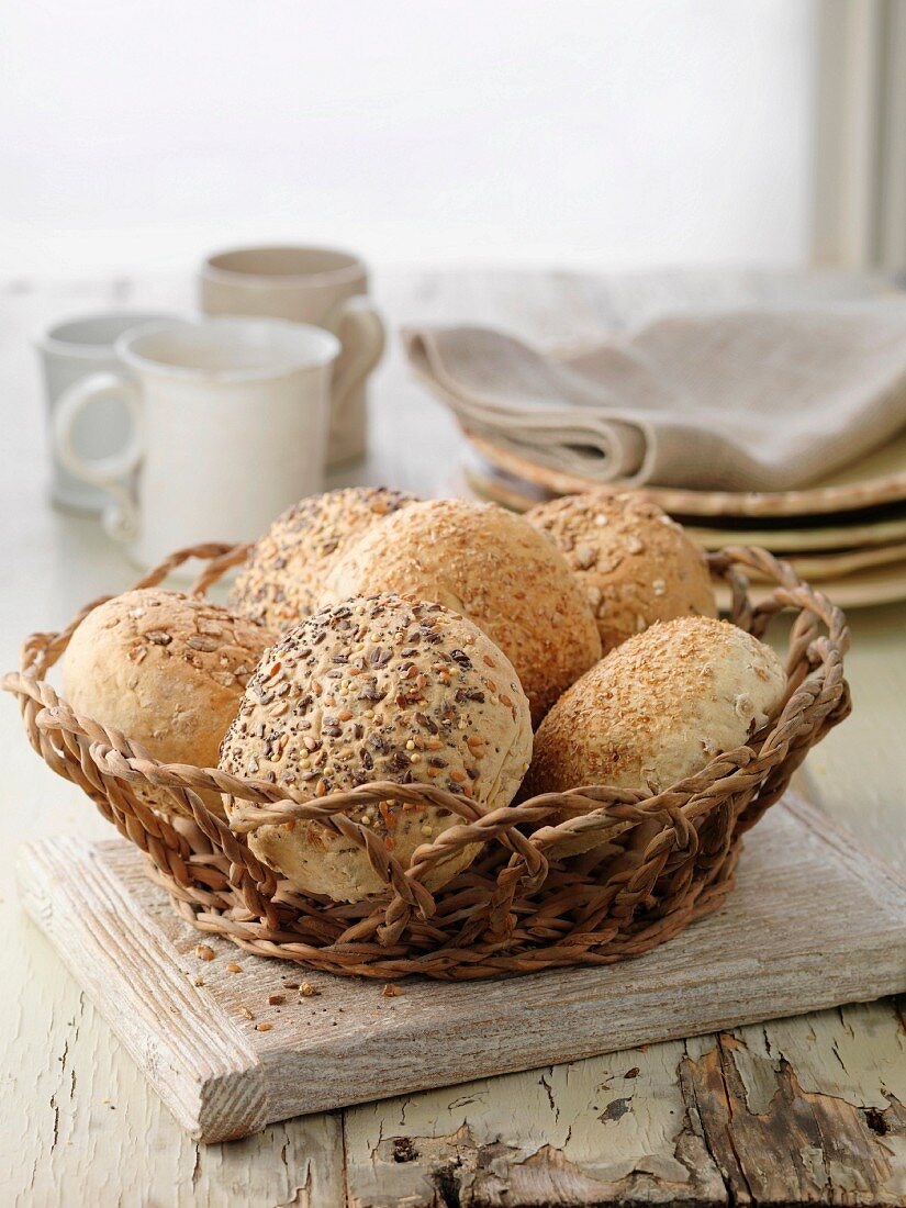 Selection of bread rolls, mixed seed and whole grain. Oats, poppy seeds, pumpkin seeds