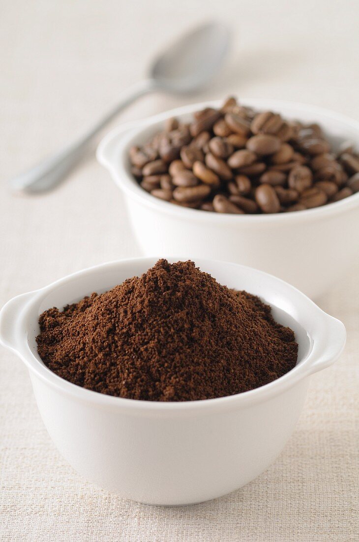 Coffee, whole beans and ground, in small bowls