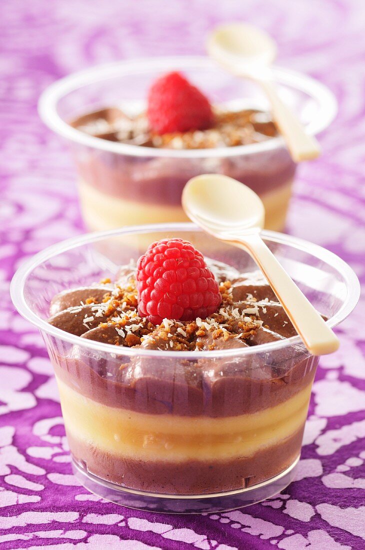 A layered dessert with chocolate mousse and pear purée