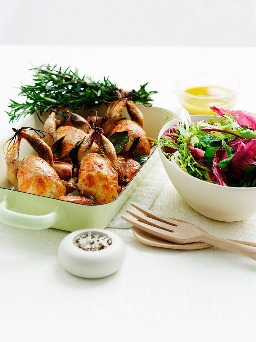 Roast quail and mixed salad