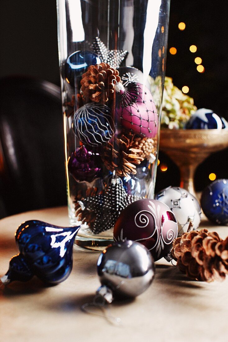 Christmas decoration on a table and in a glass container