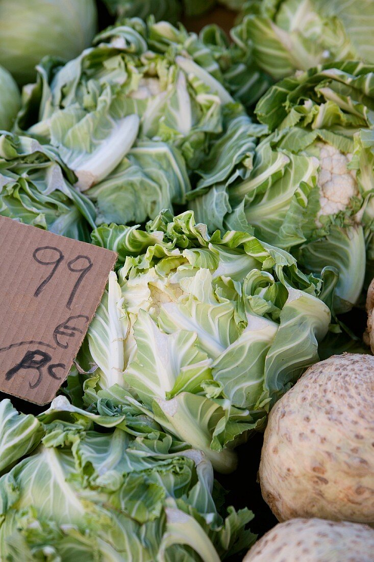 Blumenkohl und Knollensellerie auf dem Markt