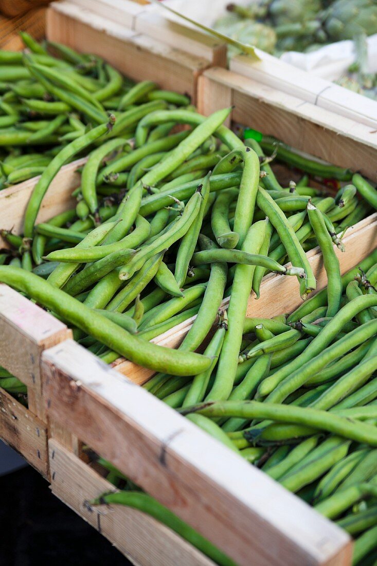 Grüne Bohnen in Steigen auf dem Markt