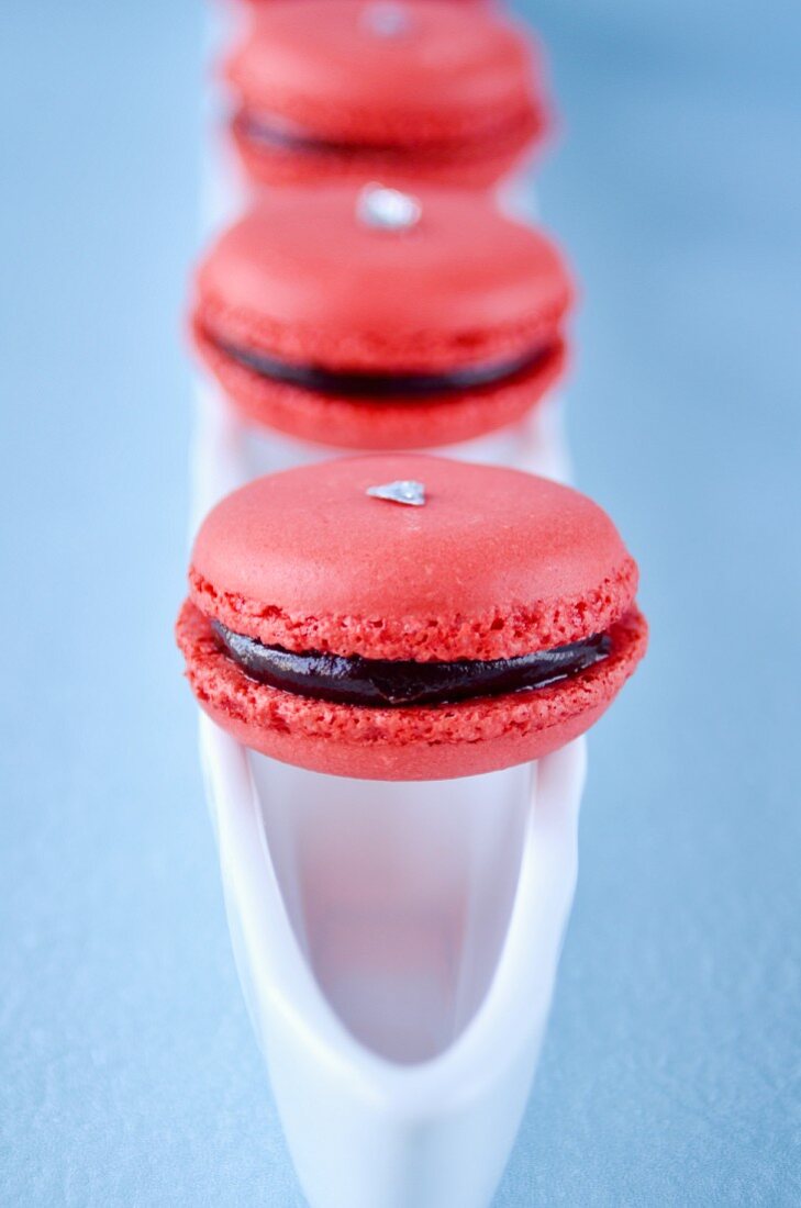 Raspberry macaroons with chocolate filling on a white dish with a blue background