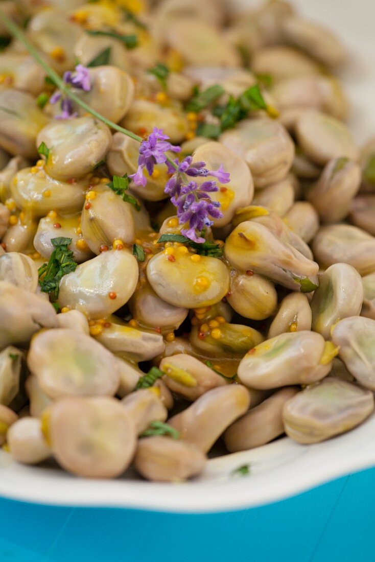 Fat beans with honey and mustard dressing with lavender flowers