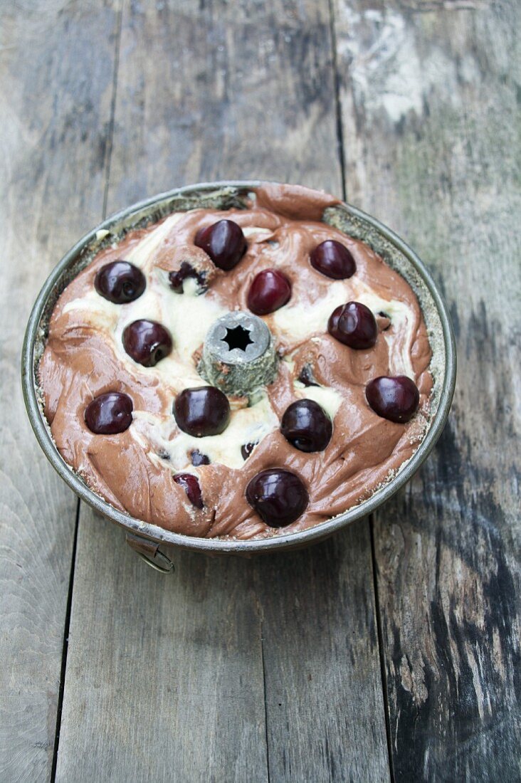 Cherry marble Bundt cake before baking