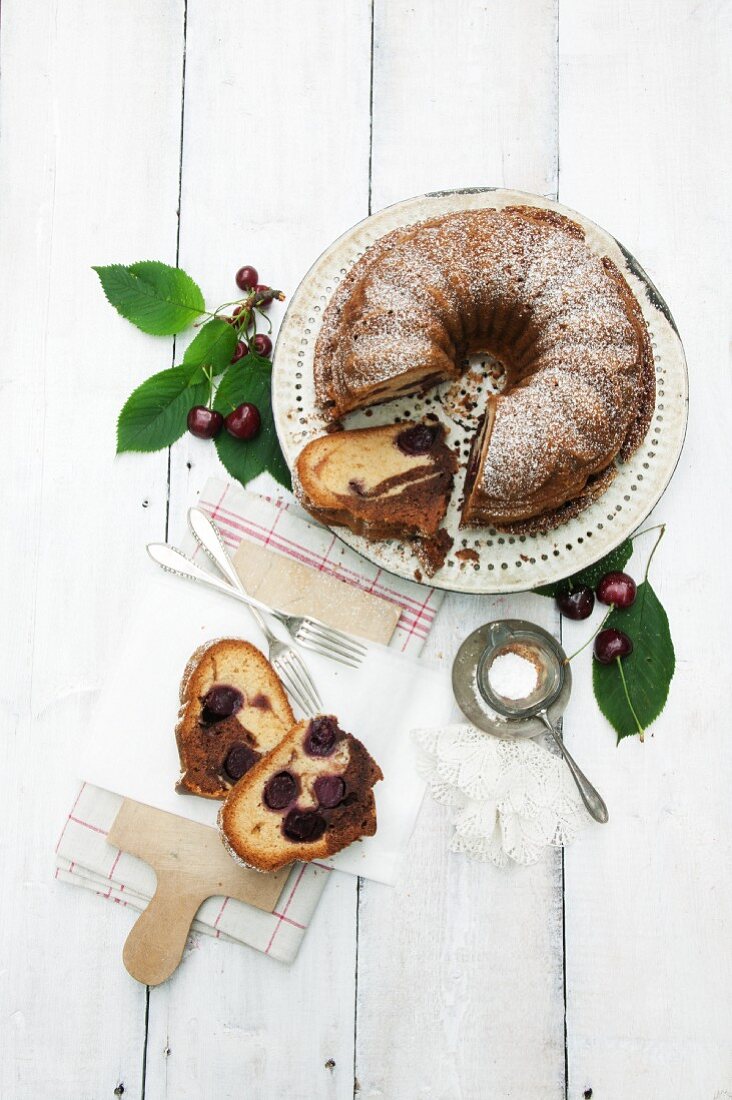 Cherry marble Bundt cake in the tin