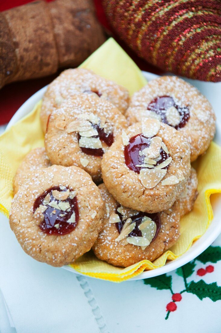 Husarenkrapfen (shortbread jam biscuits) with sliced almonds