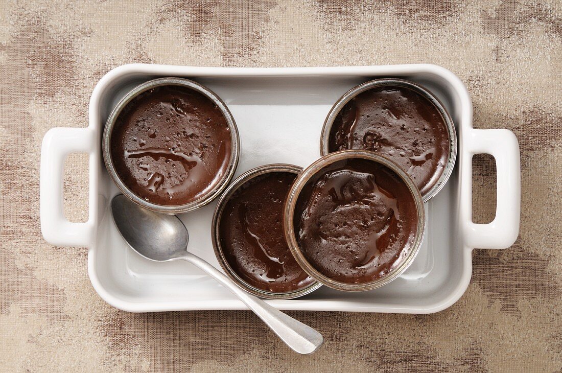 Vier Schokoladenpuddings in Glasschalen (Draufsicht)