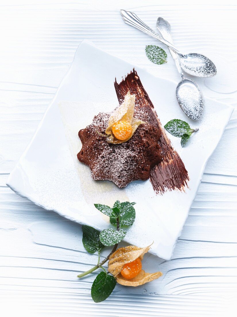 Walnut and chocolate pudding with physalis