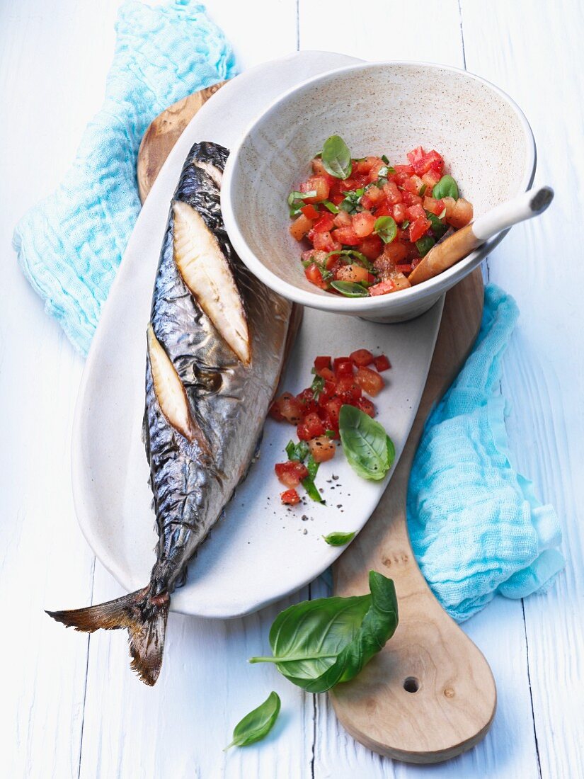 Grilled mackerel with tomato lecsó