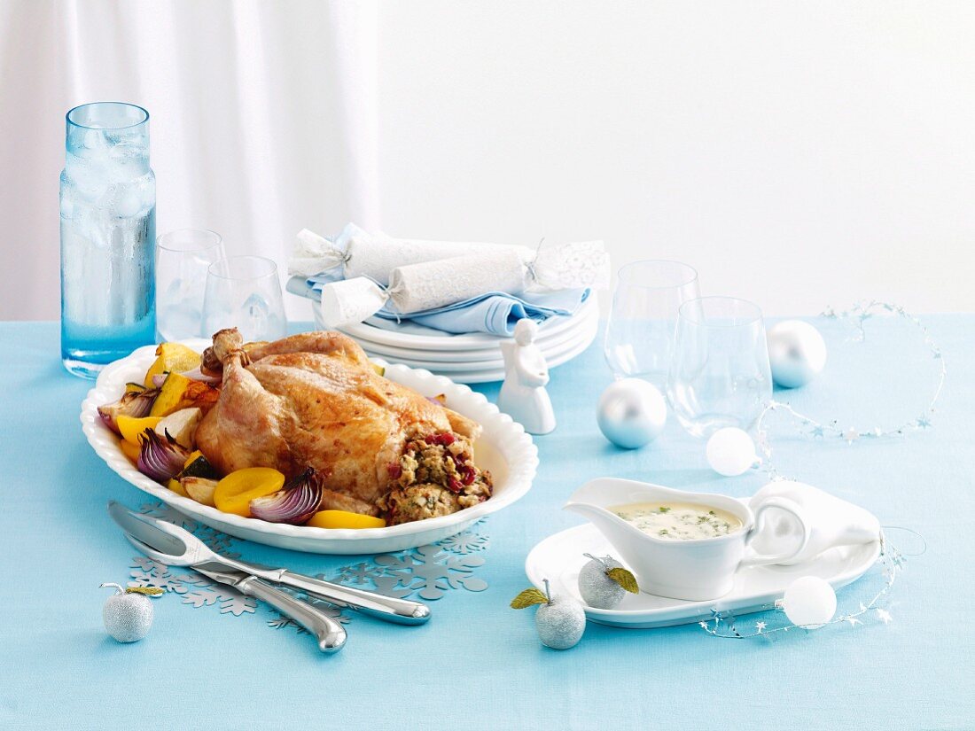 Roast chicken with cranberry stuffing