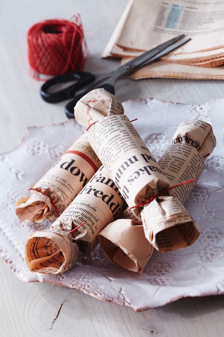 Home-made newspaper crackers