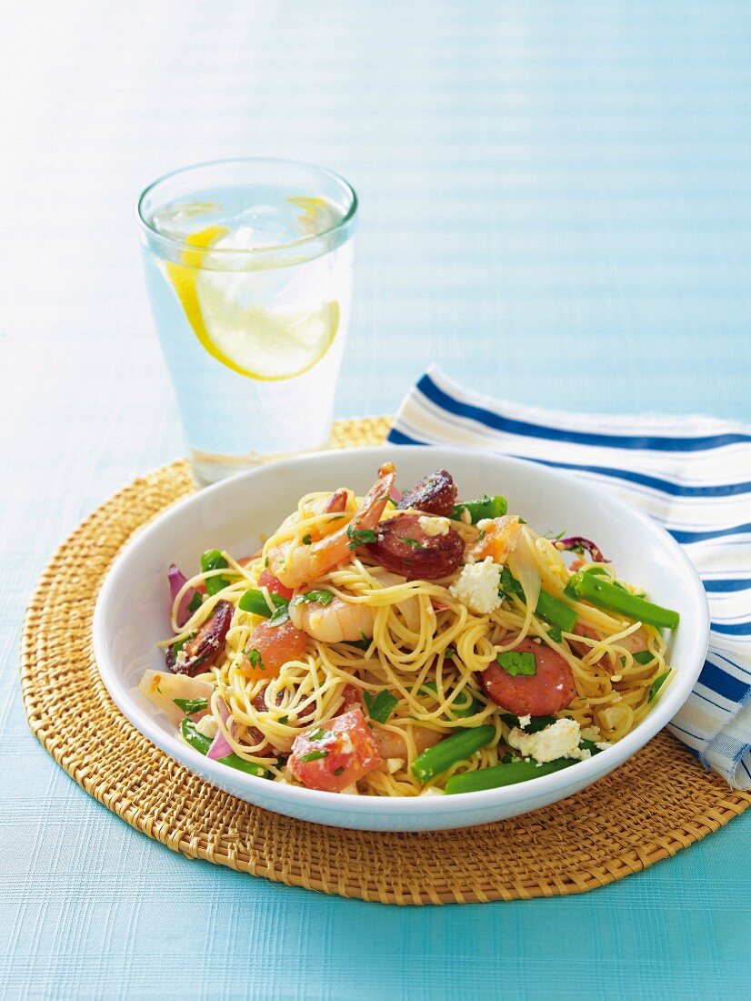 Angel's hair noodles with chorizo and king prawns