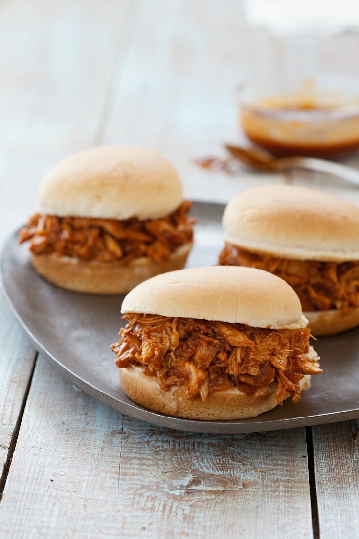 Pulled Barbecue Chicken Sandwiches on a Tray