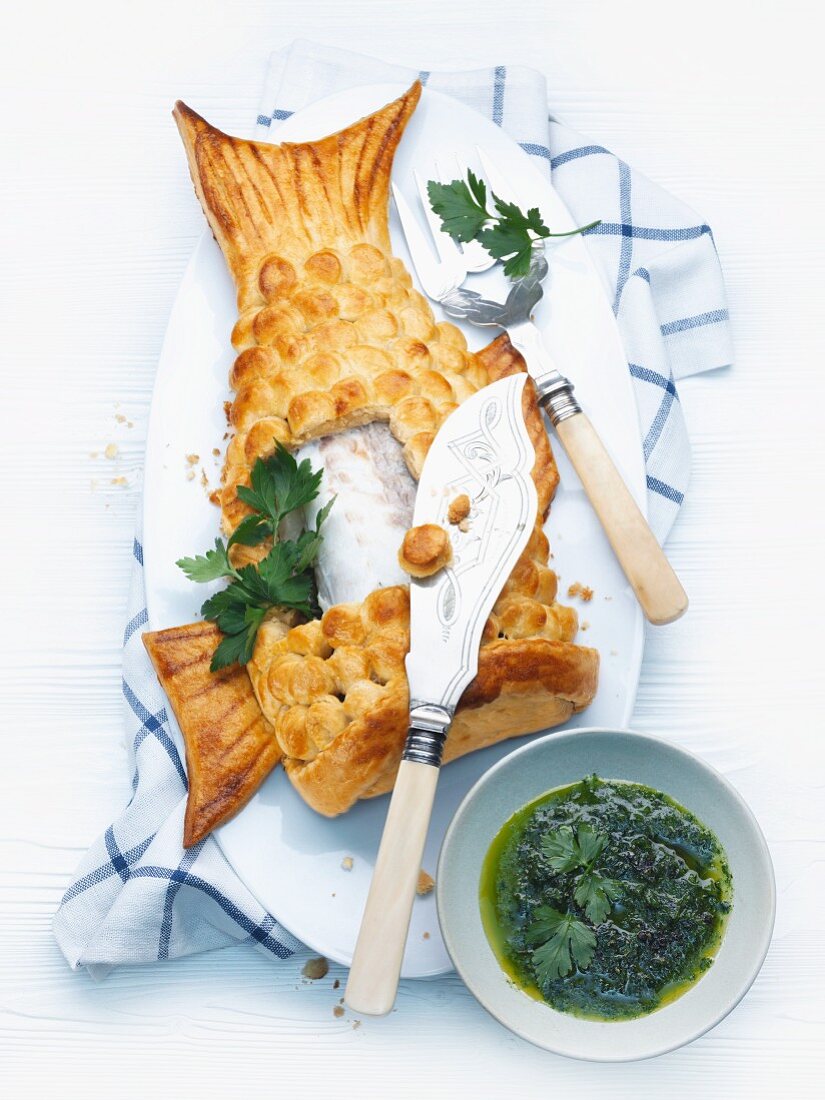 Loup de Mer wrapped in a pastry crust with pesto