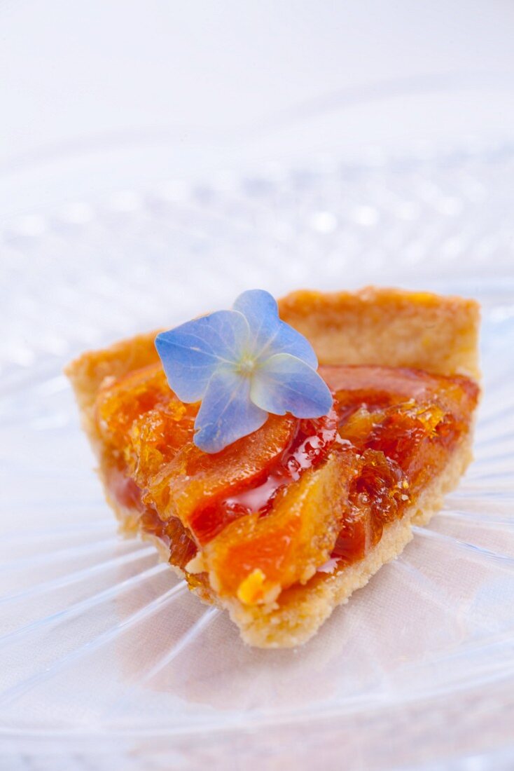 A slice of orange tart with a blue hydrangea flower