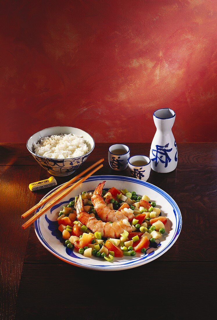Shrimp with Assorted Diced Vegetables; Chopsticks