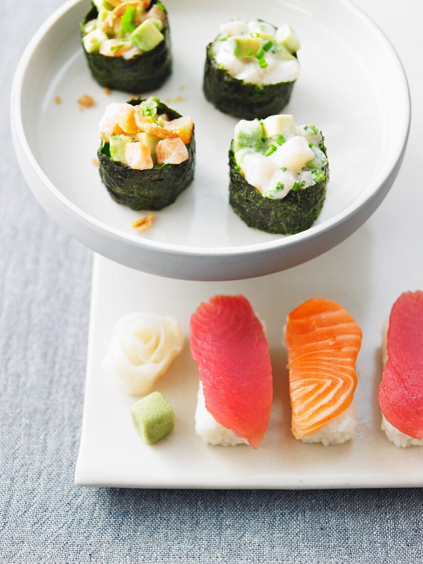 Various types of nigiri and maki sushi