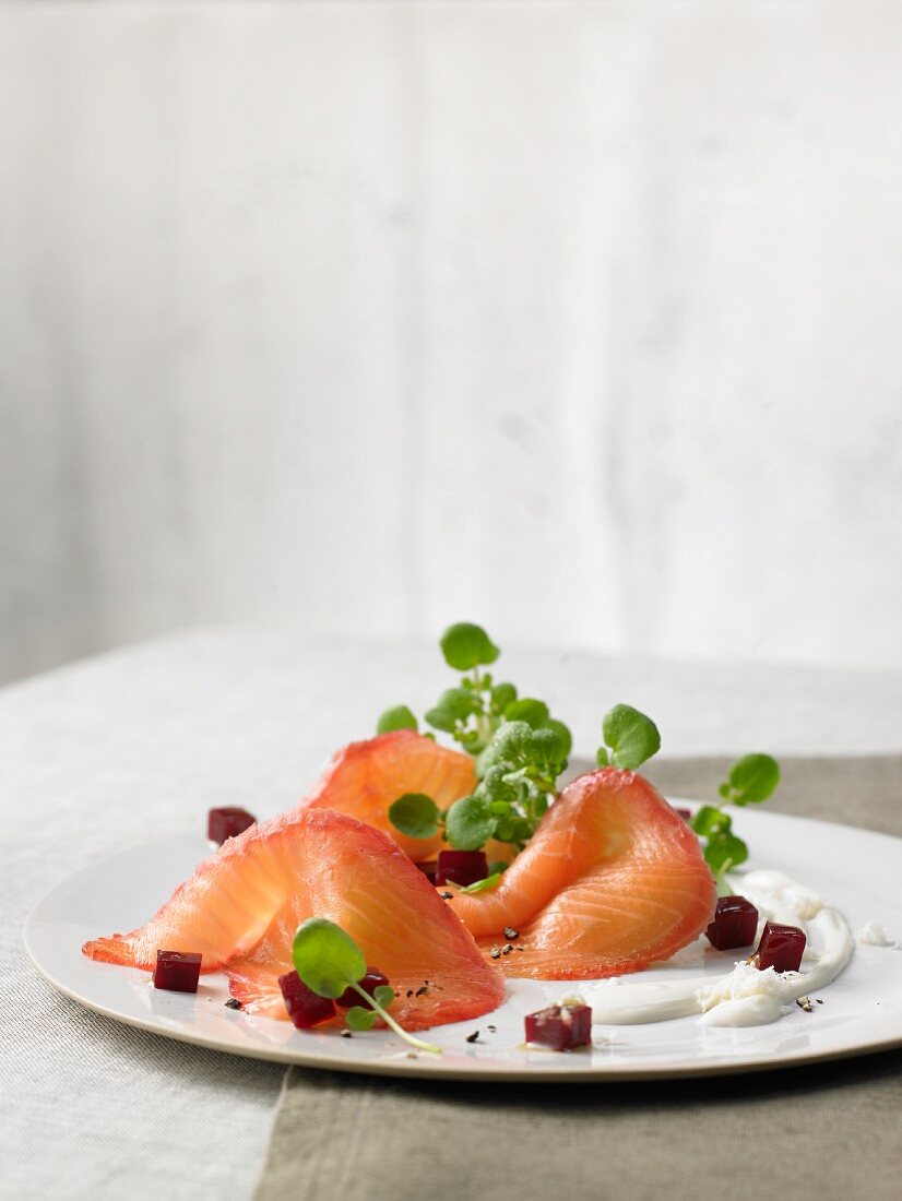 Marinated salmon with diced red beets and horseradish sauce