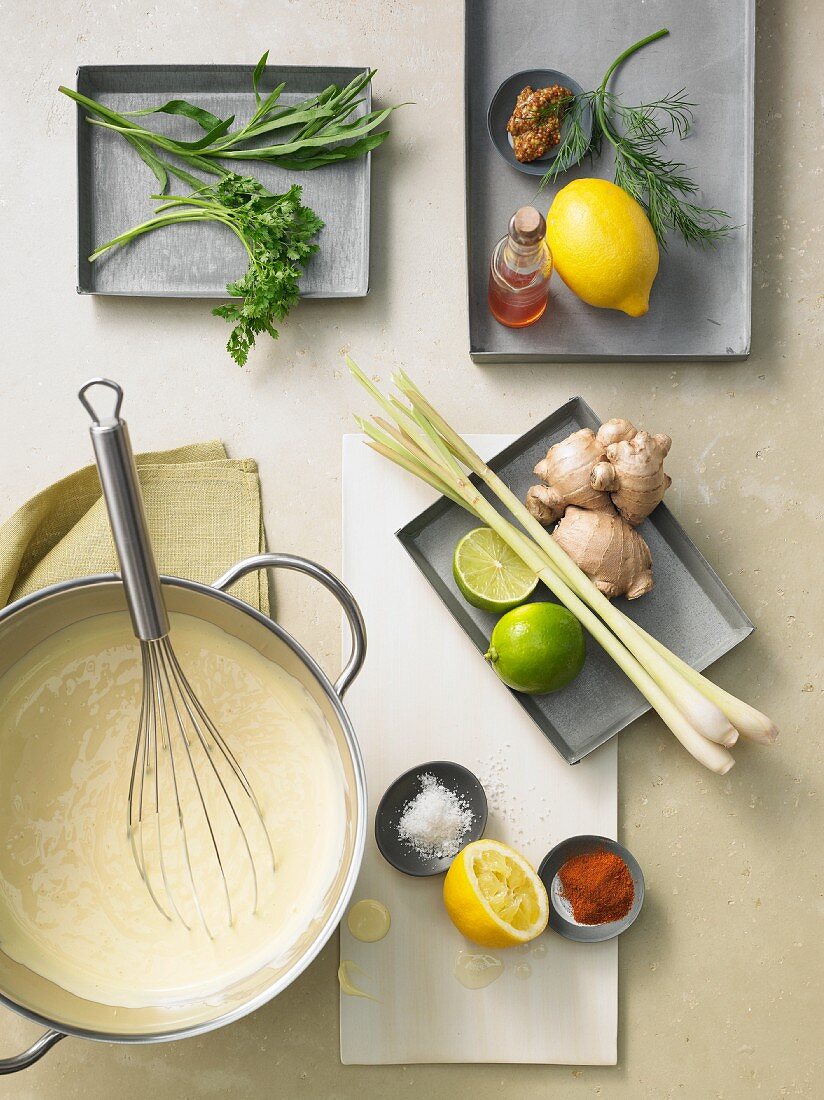 Hollandaise sauce and assorted ingredients