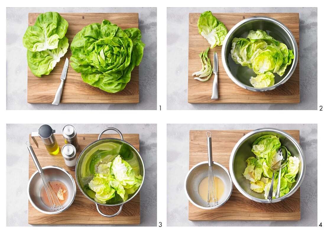 Making a green salad with a vinaigrette