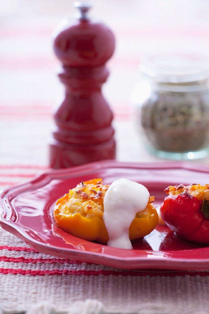 Peppers stuffed with rice and cheese filling, sour cream on top
