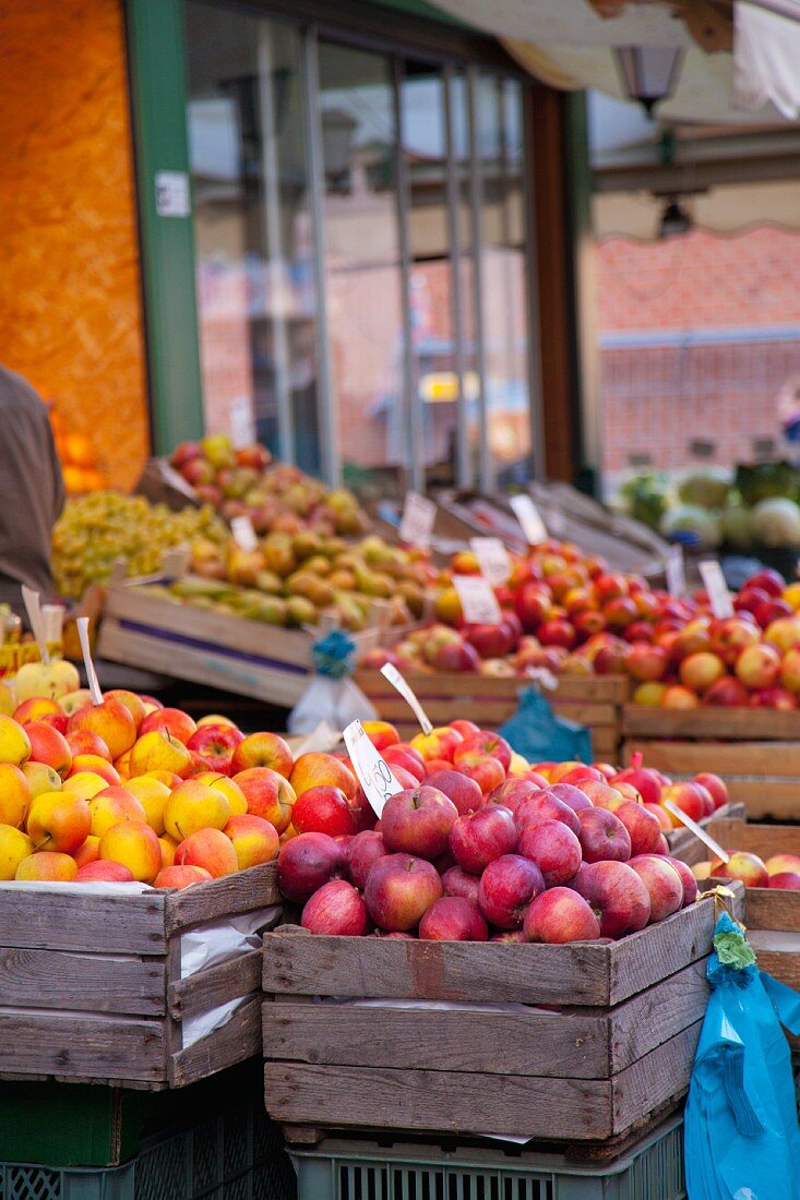 Verschiedene Sorten von Äpfeln auf einem polnischen Markt