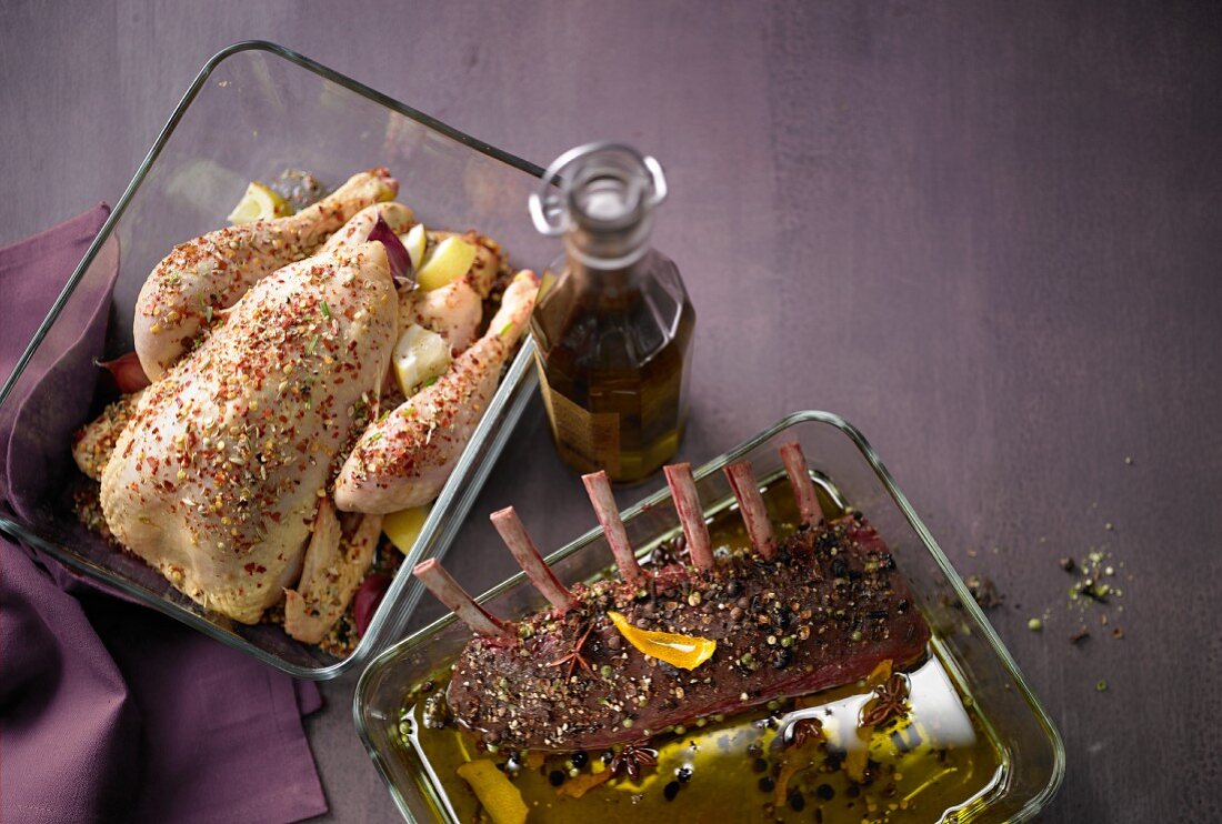 A whole chicken and a rack of lamb for roasting