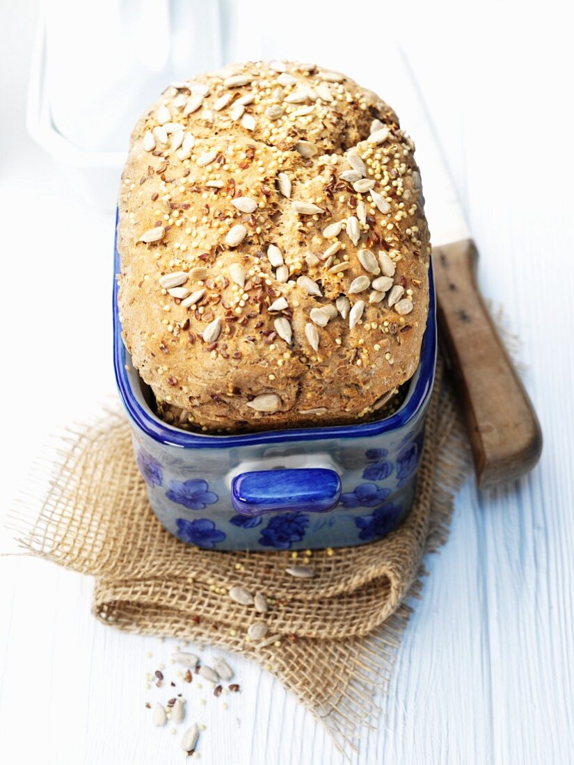 Multi-grain bread in the baking pan