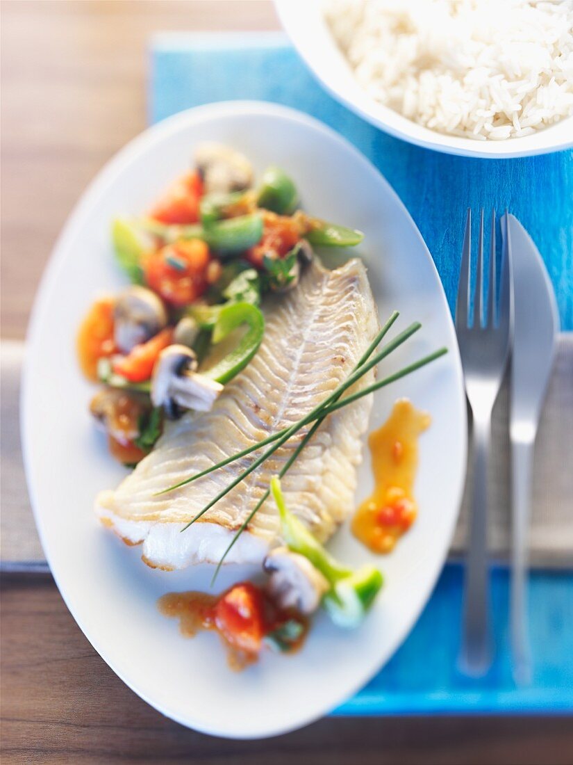 Kabeljaufilet mit Gemüse, Champignons und Reis