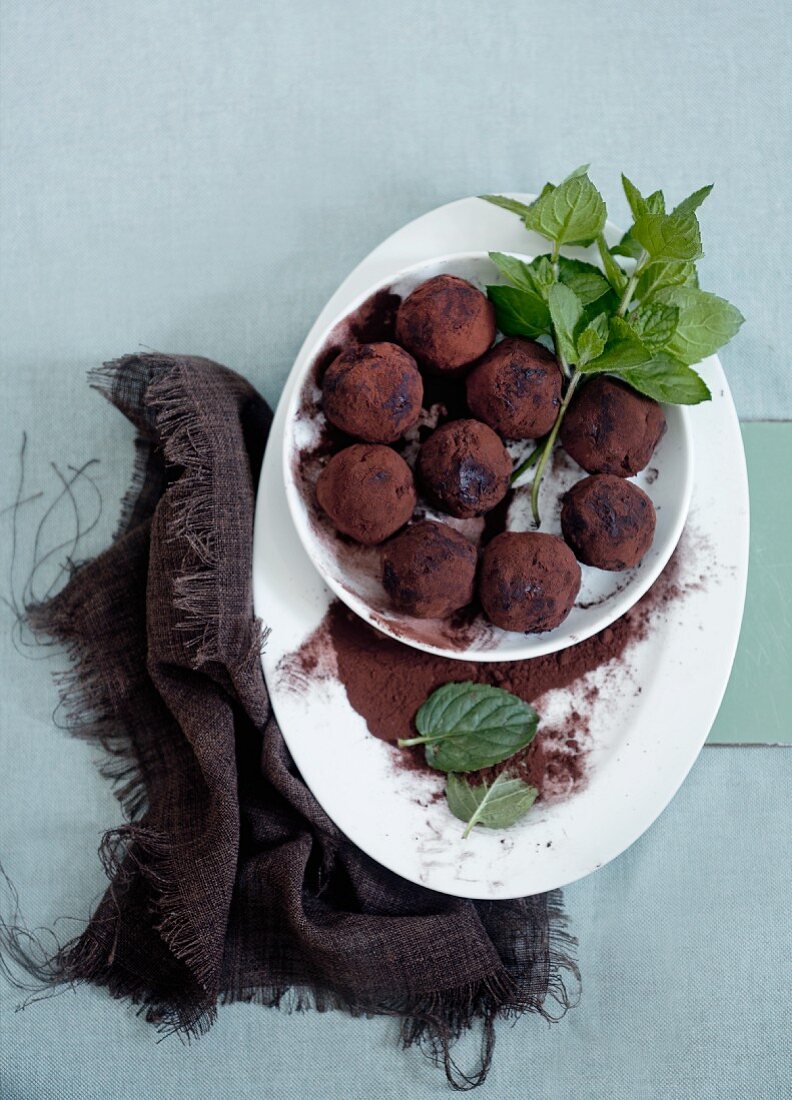 Homemade chocolate truffles with mint